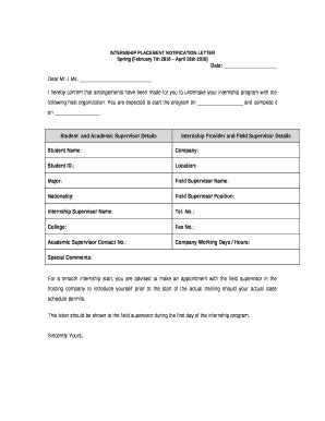 INTERNSHIP PLACEMENT NOTIFICATION LETTER Doc Template | pdfFiller