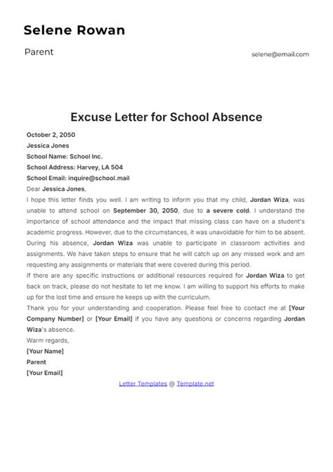 Free School Excuse Letter Format Template to Edit Online