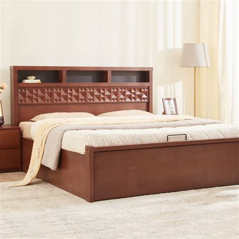 Buy Denis Rio Mahogany Wood King Bed with Hydraulic Storage - Walnut ...