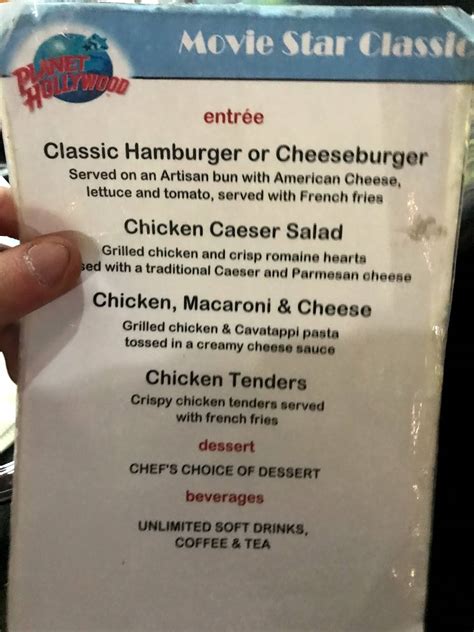 Menu at Planet Hollywood restaurant, West New York, Broadway