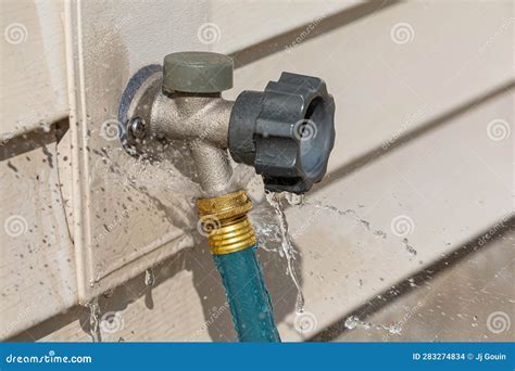 Water Leaking from Garden Hose on Outdoor Spigot. Stock Photo - Image of maintenance, spigot ...