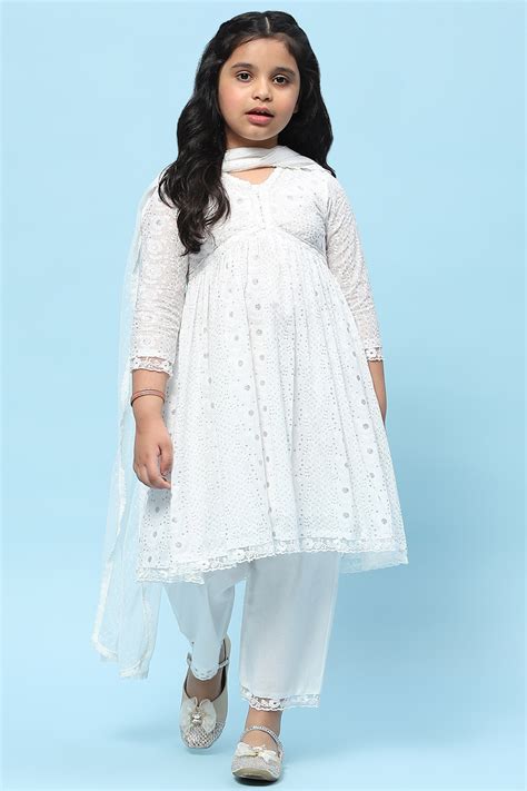 White Cotton Viscose Khadi Print Gathered Suit Set at Biba India