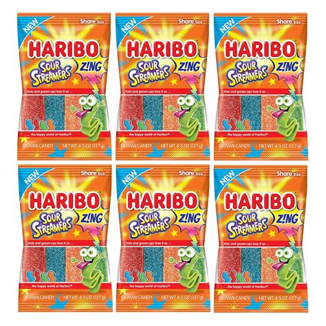Haribo ZING Sour Streamers Pack 6 (4.5oz Bags) Sour Cherry, Sour Blue ...