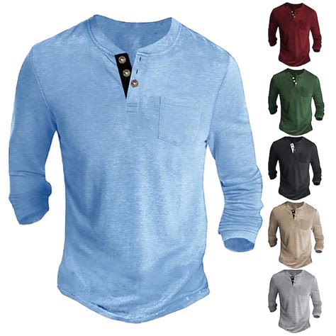 Men's Henley Shirt Tee Long Sleeve Shirt Plain Henley Casual Holiday ...