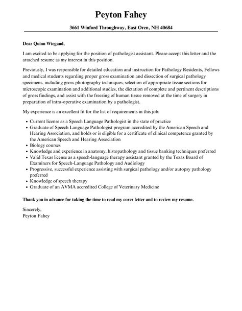 Pathologist Assistant Cover Letter | Velvet Jobs