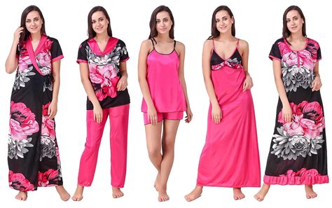 Buy Freely Satin Printed Nighty Set/Nightdress - Pack of 7 Pink at ...