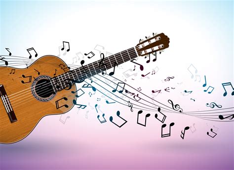 Music banner design with acoustic guitar and falling notes on clean ...