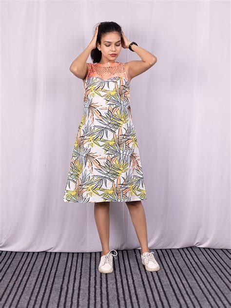 Orange Tropical Print Shift Dress with Lace Patch at the neck