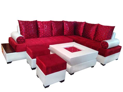 L Shape Sofa Set:- Half Leather Sofa Set with Center Table and 2 Puffy ...