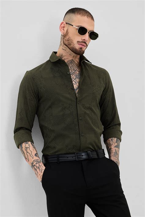 Buy Men's Olive Self-Design Shirts Online | Snitch – SNITCH