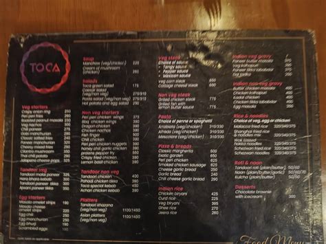 Menu at Toca, Bengaluru