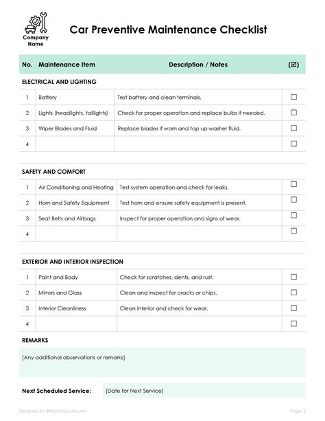 Free Car Preventive Maintenance Checklist - WordLayouts