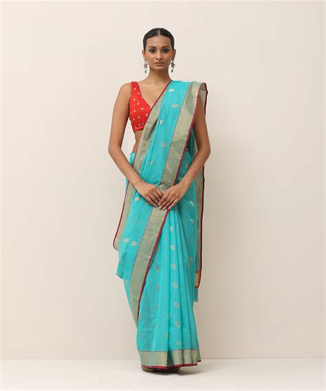 Handloom Turquoise Pure Cotton Chanderi Saree With Golden Boota And Re ...