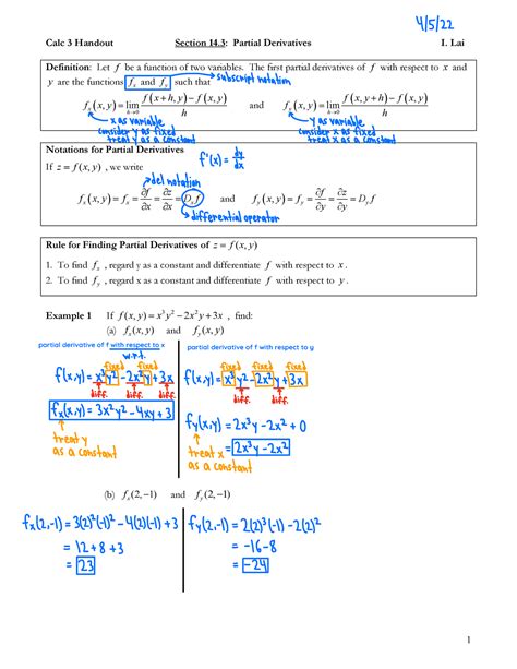 Partial Derivatives Lesson 14.3 - 1 Calc 3 Handout Section 14: Partial ...
