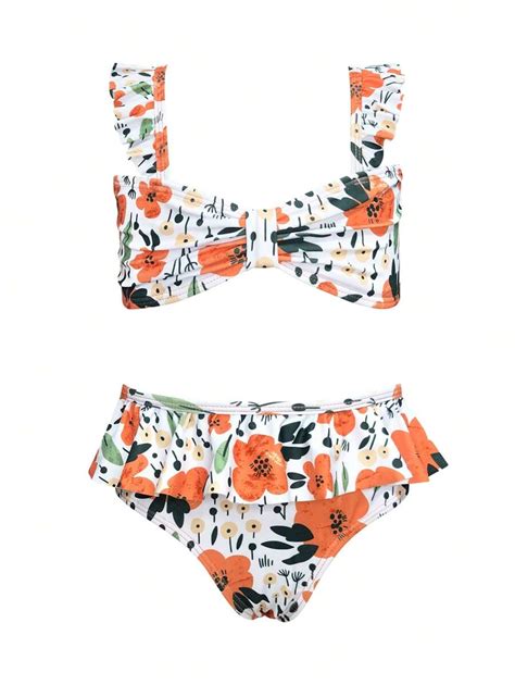 Tween Girl Floral Print Ruffle Trim Bikini Set Summer Beach | SHEIN USA