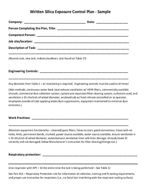 Silica Exposure Control Plan Template - Blank Fillable Template | Fill ...