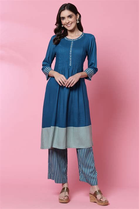 Teal LIVA Flared Fusion Solid Kurta Set at Biba India