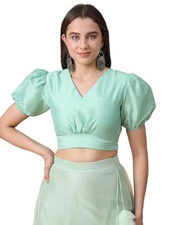 Frolic Rolic Women's Girls Silk Puff Sleeve Solid V-Neck Crop Top ...
