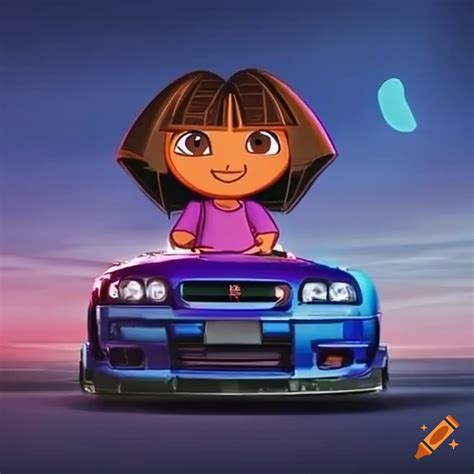 Dora the explorer in a nissan r34 gtr on Craiyon