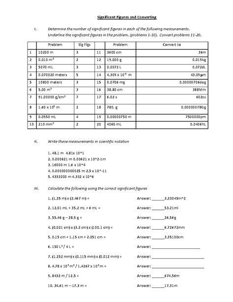Sig. Fig. Worksheet - Significant Figures and Converting I. Determine the number of significant ...