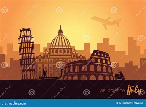 Abstract Italian Cityscape with Silhouettes of Sights at Sunset Stock Vector - Illustration of ...