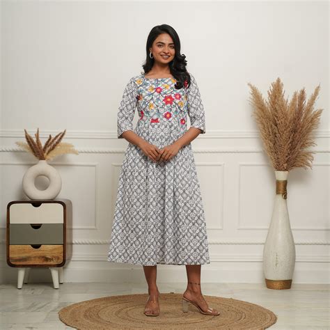 Grey Petals Embroidered Cotton Midi Dress with Pockets – Fashiana