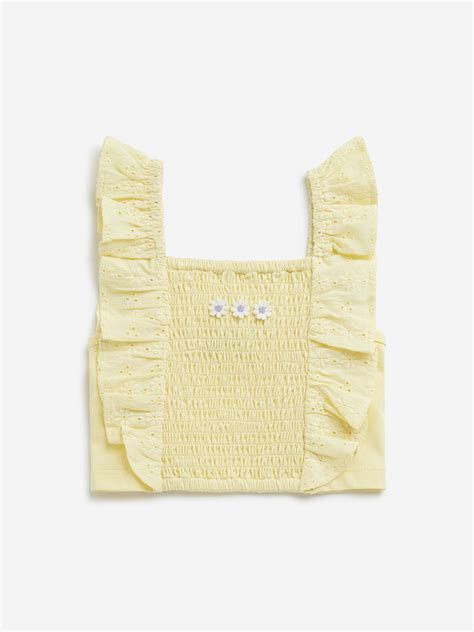 Buy HOP Kids Yellow Schiffli Design Ruffled Cotton Top from Westside