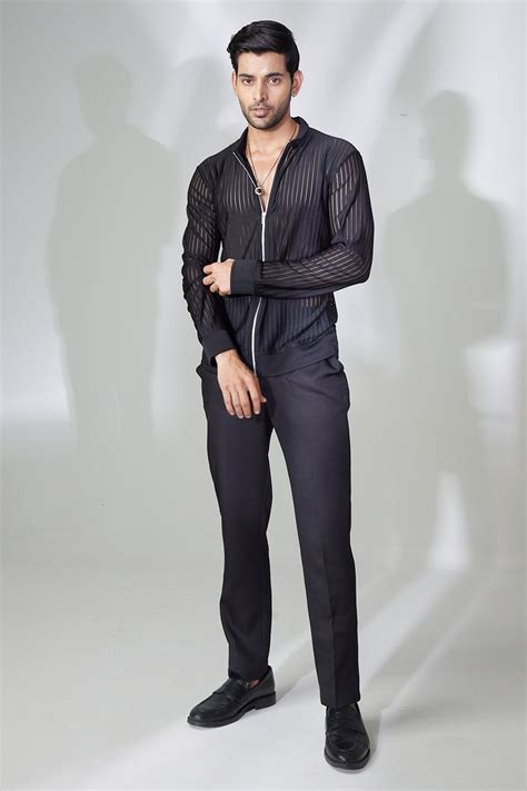 Black Pants With Stripe Sheer Bomber Coord Set – Puneetkapoorlabel