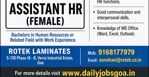 Job Opportunity: Assistant HR (Female) Needed at Rotek Laminates, Verna ...