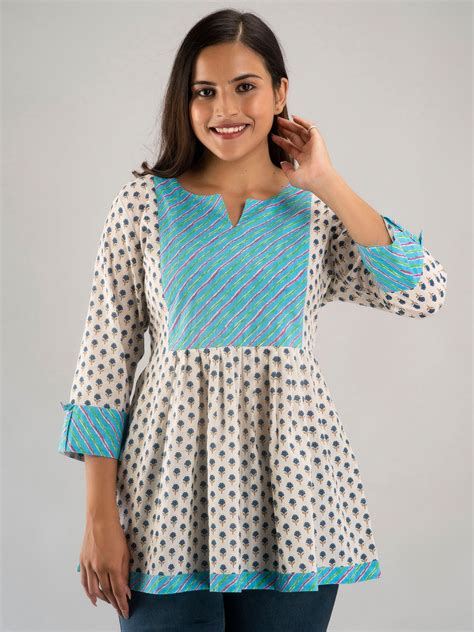 WOMEN WHITE & BLUE COTTON PRINTED A-LINE KURTI – feranoid