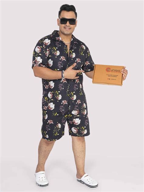Buy Men Plus Size Black Floral Printed Half Sleeve Co-Ords Online - Guniaa