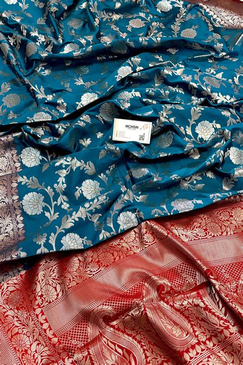 Dark Firozi and Red Zari Banarasi Silk Saree – Mohsin Textiles