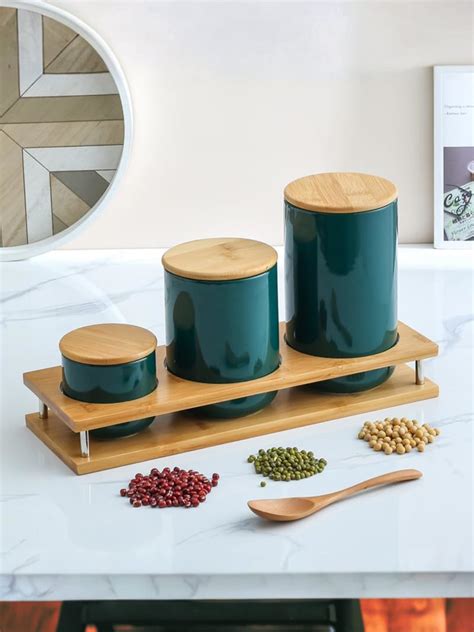 UMAI Ceramic Jars Set with Bamboo Lid & Stand | 3 Pieces Kitchen Stora ...