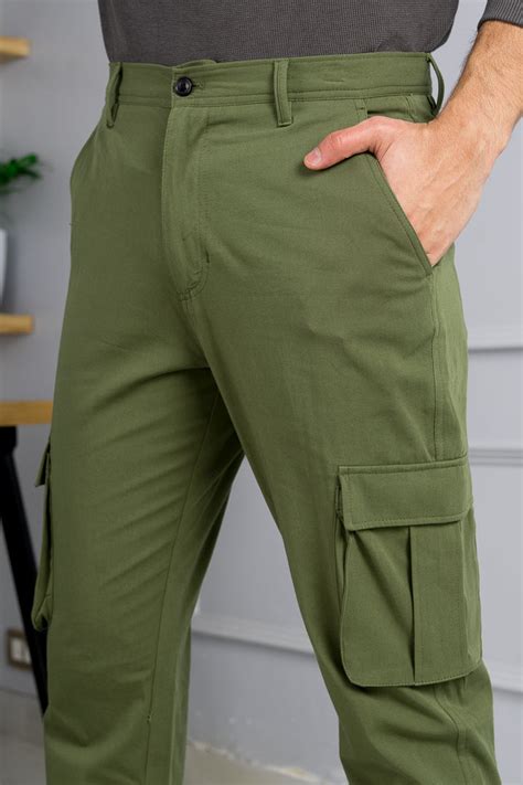 6 Pockets Olive Green Cargo Pants For Men