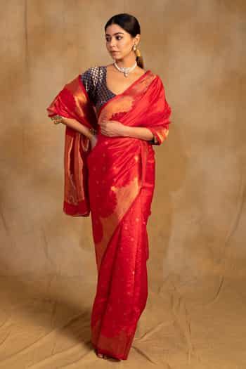 Buy Red Silk, Chanderi Sora Temple Arch Border Saree With Unstitched ...