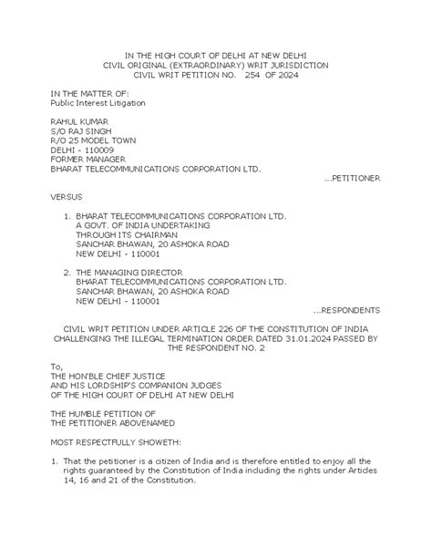 Civil Writ Petition No. 254 of 2024 - Termination Challenge - Studocu