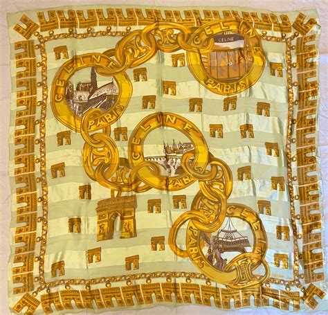 CELINE "Paris Motif" Green Sheer Large Scarf/Stole | CARBOOTS