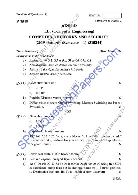 1 - Question Paper - Q1) a) Give short note on : [6] i) ARP ii) RARP b ...