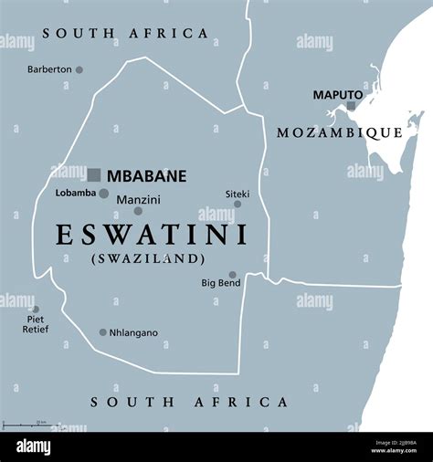 Eswatini, formerly named Swaziland, gray political map, with capitals Mbabane (executive) and ...