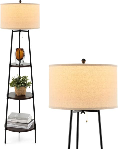 Black Wooden 3 Tier Corner Floor Lamp Light with Grey Fabric Shade ...