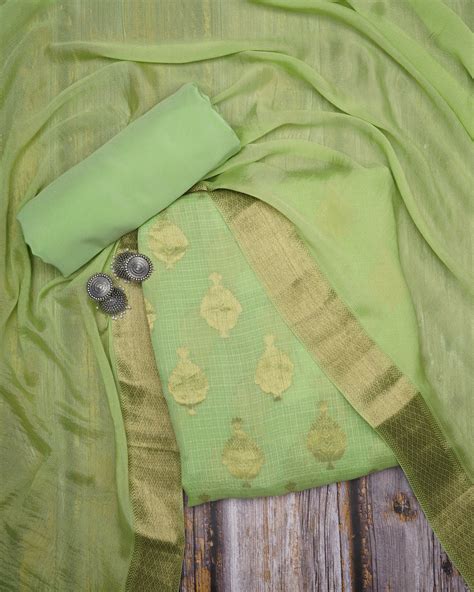 Buy Green Color Handwoven Brocade Crepe Silk Unstitched Suit Set 49011/ ...