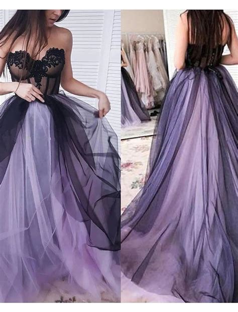 A-Line Sweetheart Sleeveless Chapel Train Tulle Evening Dress with Tier ...