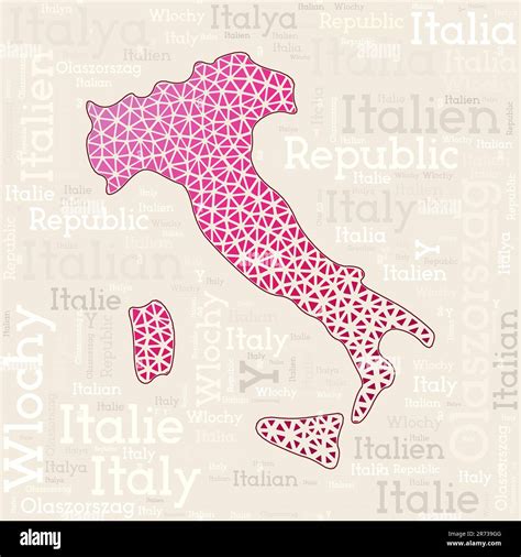 Italy map design. Country names in different languages and map shape with geometric low poly ...