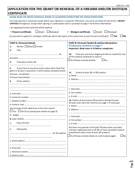 Fillable Online Fillable FORM 201 2021: Firearm certificate Grant ...