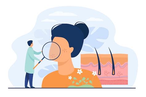 Tiny dermatologist examining dry face skin flat vector illustration ...