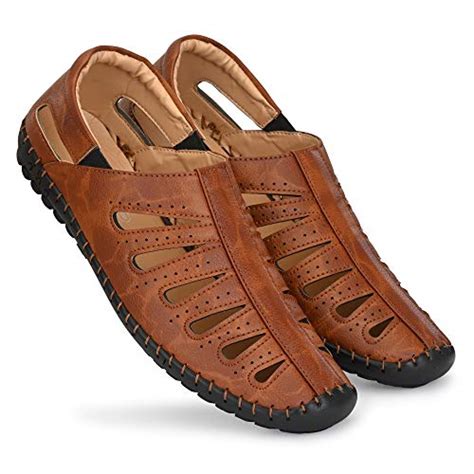Buy JENJA Men Synthetic Leather Sandals Tan UK-6 at Amazon.in