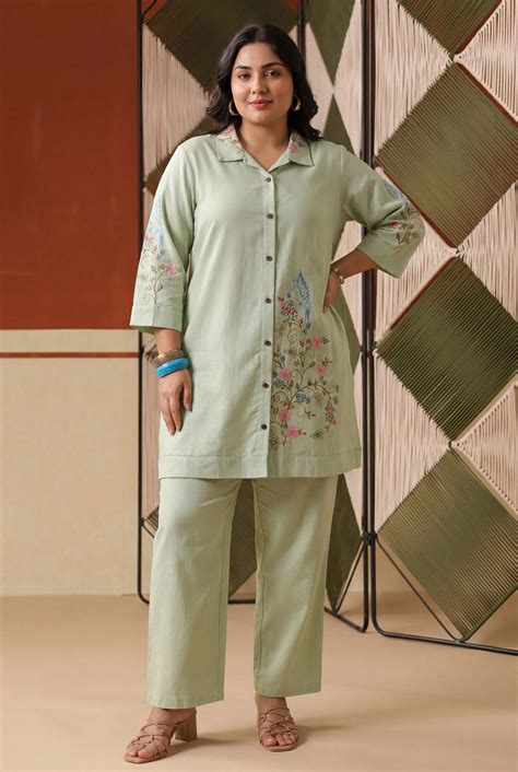 Shop Pistagreen Embroidered Rayon Flex Plus Size Co-ord Set | Scakhi ...