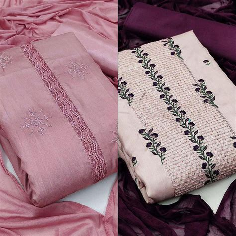 Casual Wear Embroidered Pure Silk Dress Materials Pack Of 2