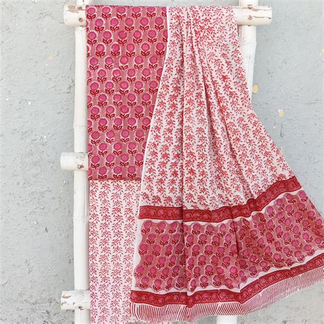 ROZANA-Pure Cotton Red And Peach Flower Motifs Top With White Bottom A ...