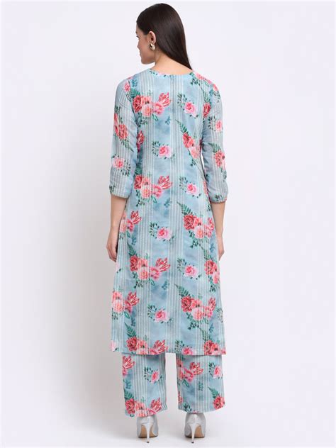 Sea Green Floral Sequinned Lines Kurti with Palazzo – anokherang